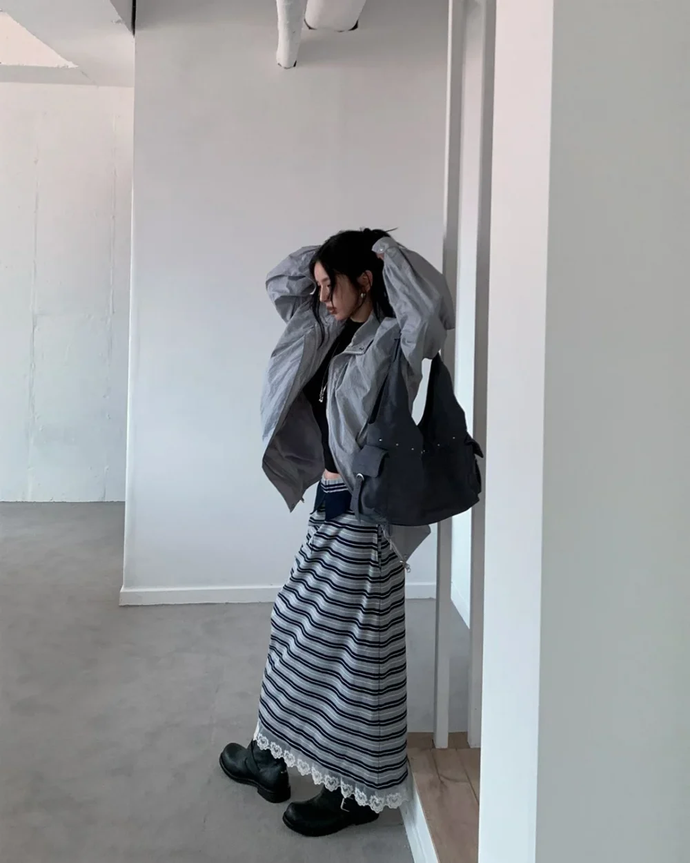 S26091603條紋蕾絲長裙
