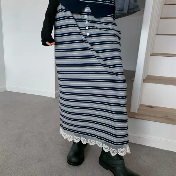 S26091603條紋蕾絲長裙